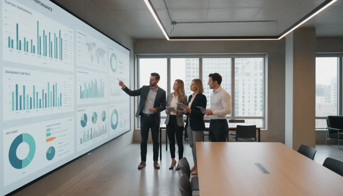 Team reviewing content performance metrics on a large screen