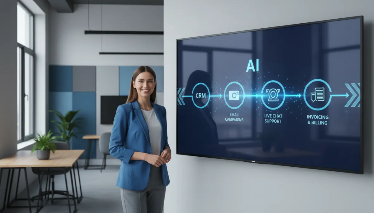 Entrepreneur reviewing an AI-powered workflow diagram connecting core business tools