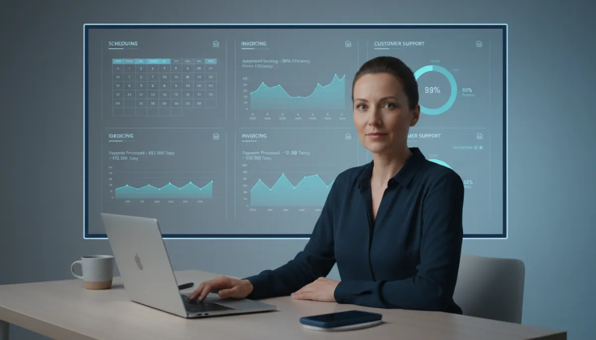 Business owner monitoring AI dashboard that tracks automated workflows and time savings