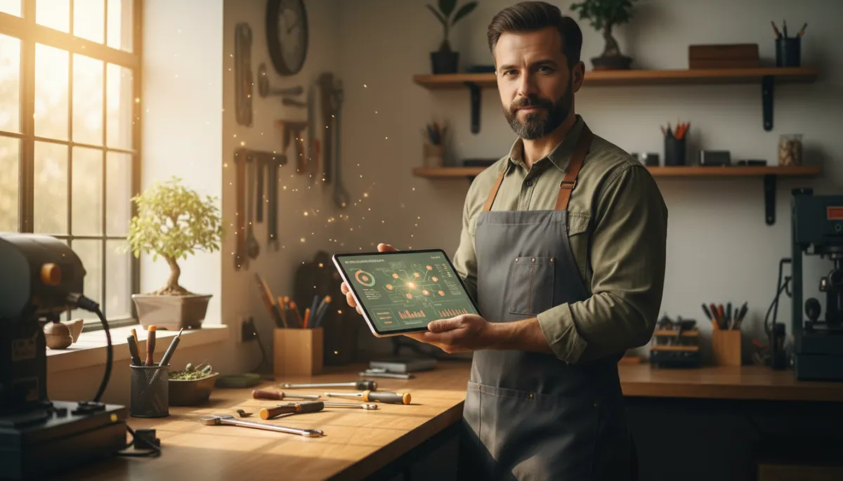 Local business owner reviewing AI performance metrics on a tablet