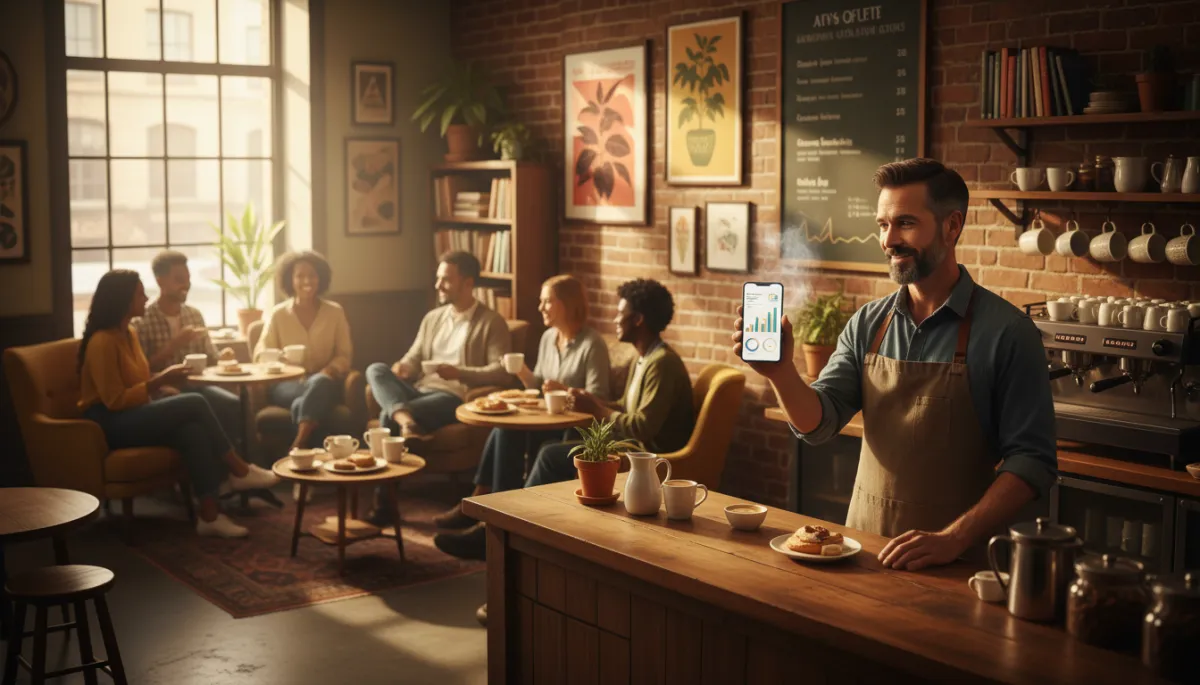 Local café owner checking AI analytics on a smartphone