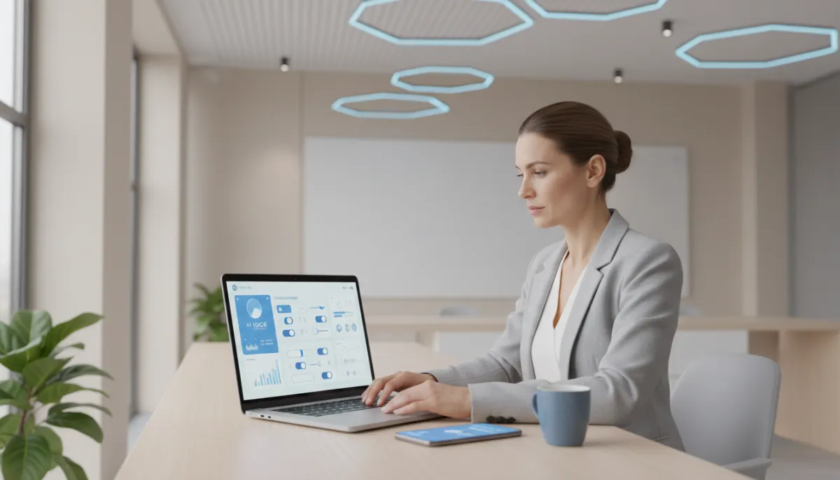 Entrepreneur configuring AI voice receptionist on laptop