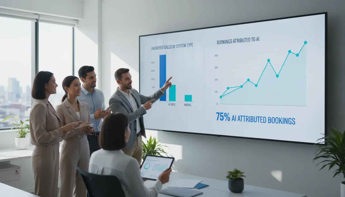 Team reviewing analytics from AI-powered phone system