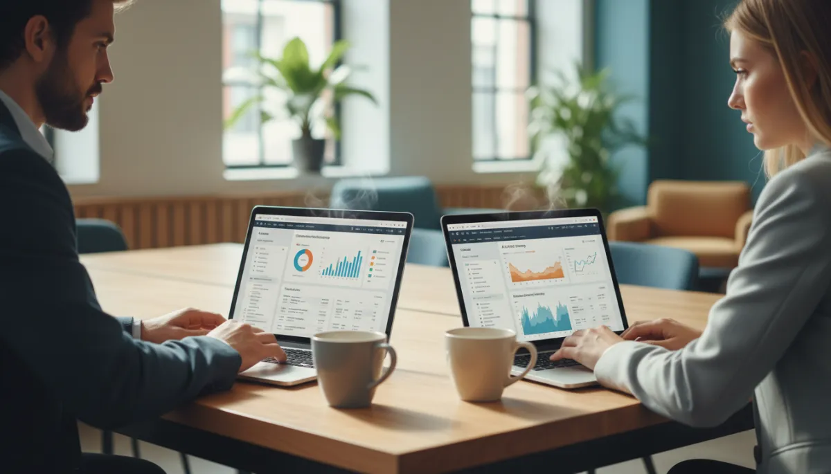 Entrepreneurs reviewing AI-enriched leads on laptops in a modern workspace
