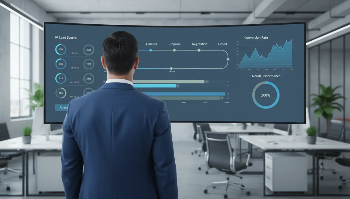 Business owner reviewing AI-driven CRM dashboard with lead scores and pipeline data