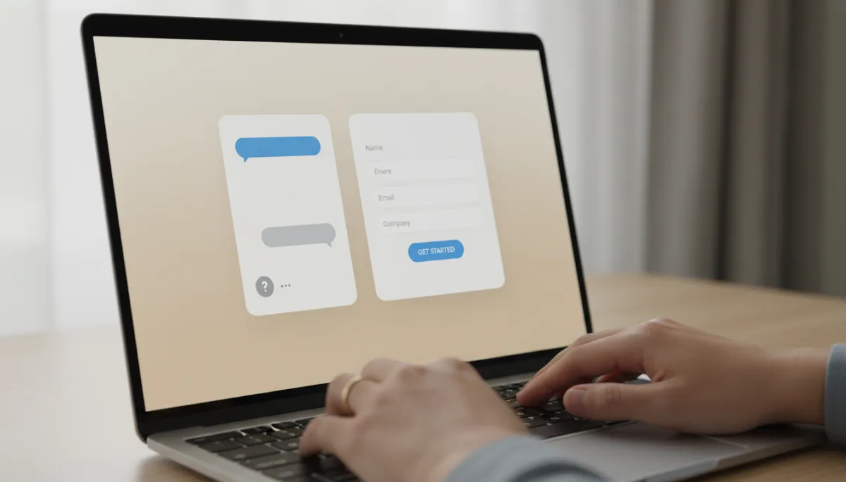 Laptop showing AI chatbot and smart lead capture form on small business website