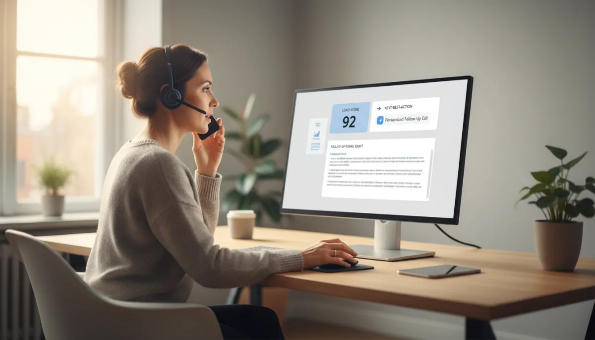 Small business owner using AI CRM dashboard to guide sales call and follow-up