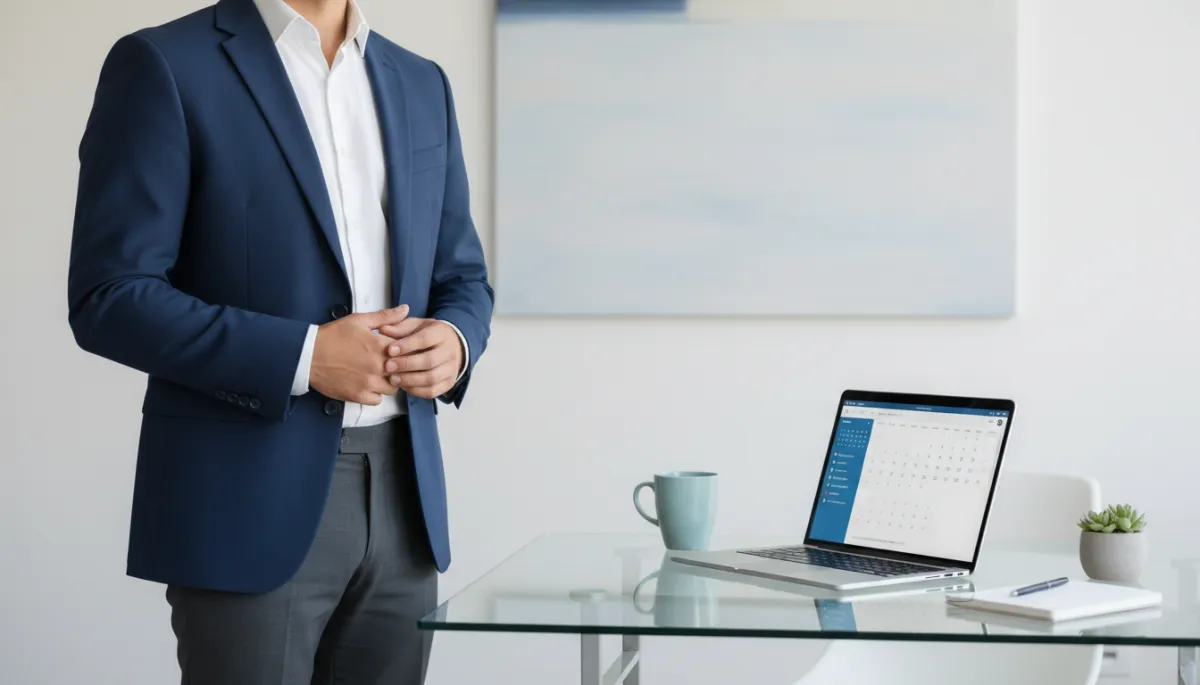 Confident professional in a clean modern office with a calendar open on a laptop