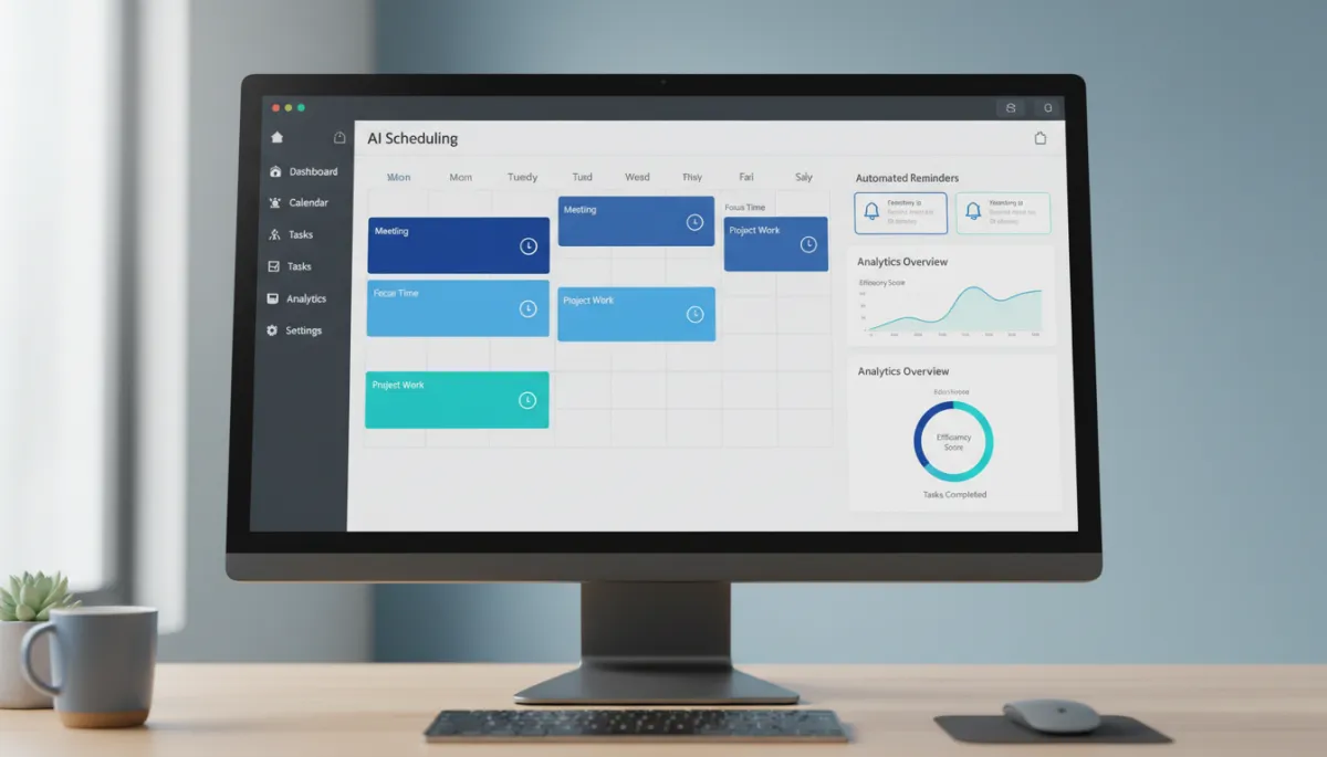 AI scheduling dashboard with calendar, reminders, and analytics on a modern screen