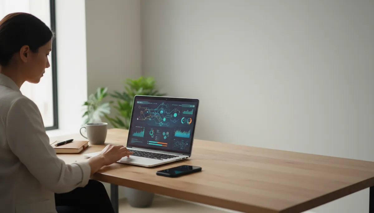 Entrepreneur using multiple AI automation tools on a laptop in a neutral workspace