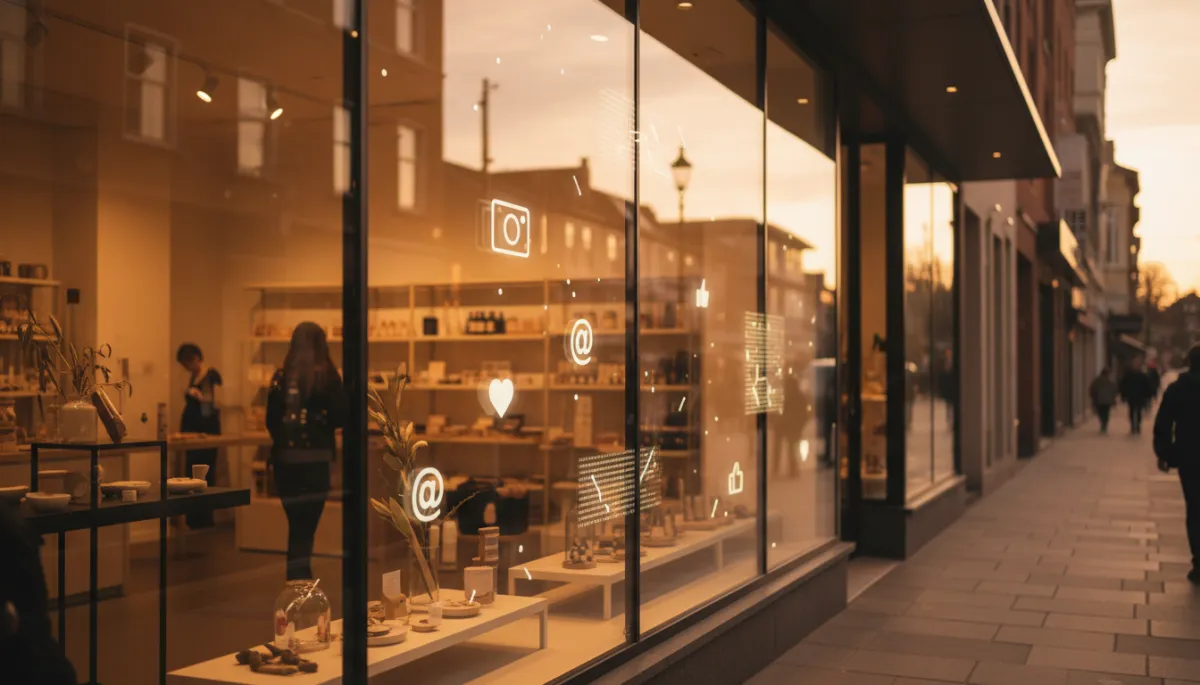 Modern local storefront with subtle digital marketing visuals in a warm neighborhood setting
