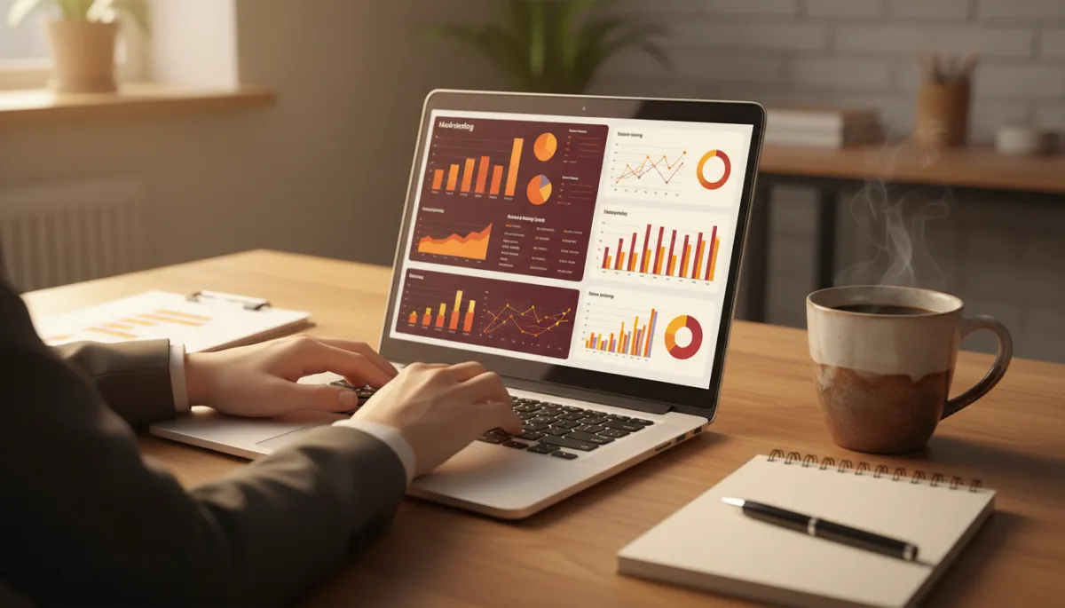 Entrepreneur working at a desk on AI-powered marketing dashboards in a warm office