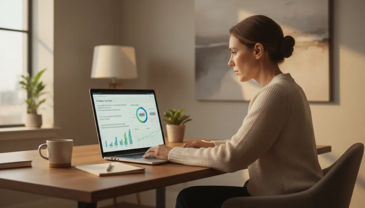 Business owner reviewing AI email marketing dashboard on laptop
