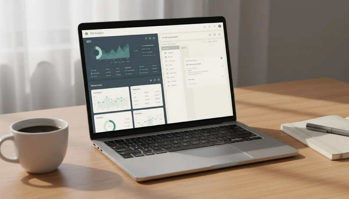 Laptop showing SEO analytics dashboard next to AI writing assistant interface