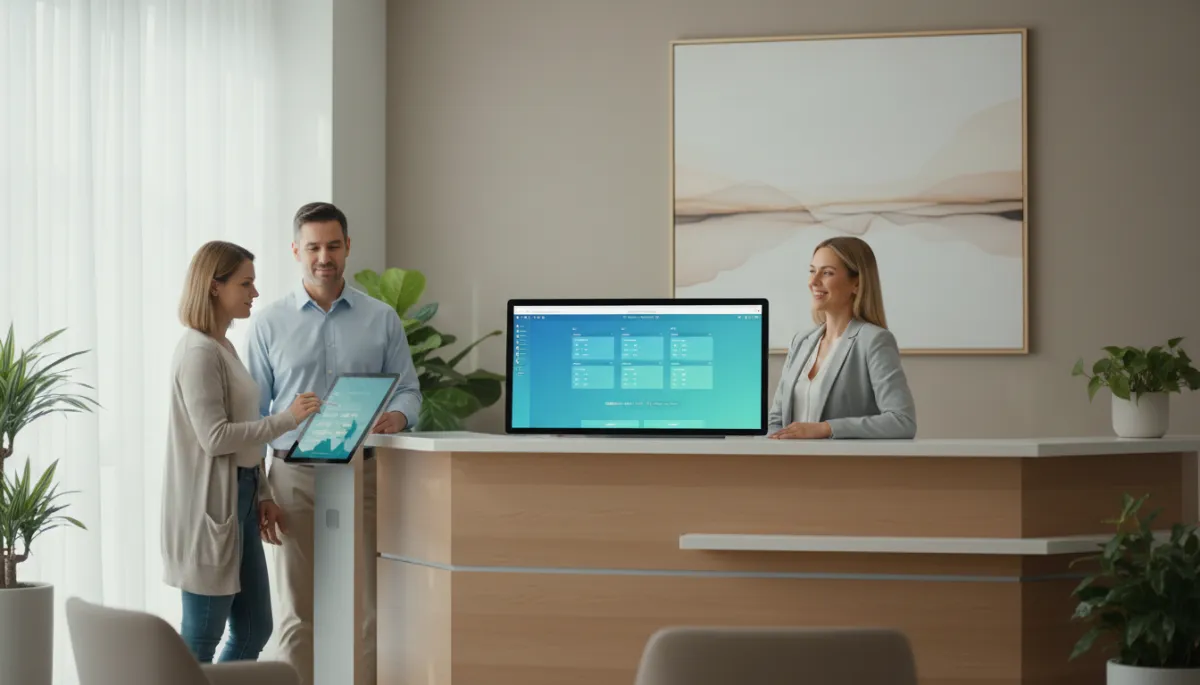Clinic reception using AI scheduling dashboard while clients self check-in