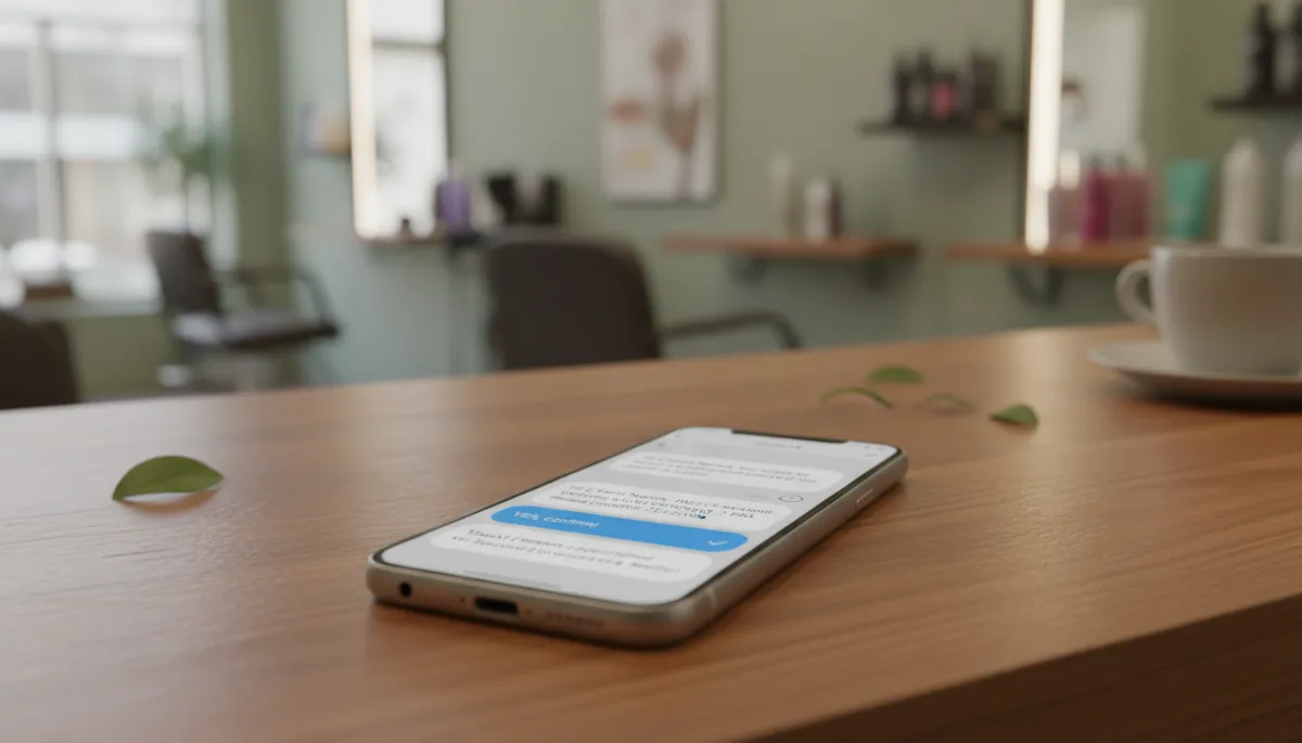 Smartphone displaying automated AI appointment reminders on a salon counter