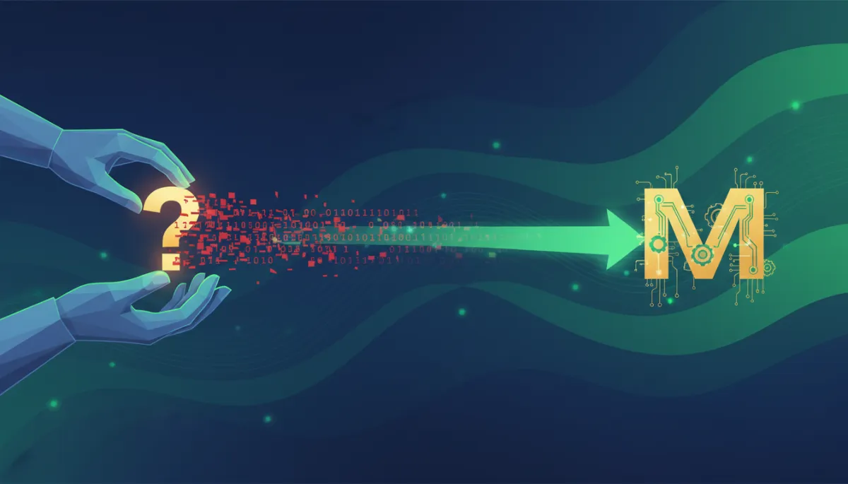 abstract split-screen visual, left side chaotic glitchy data clouds showing scattered prompts and random icons, right side sleek electric violet #7C3AED data streams flowing in clean parallel lines into a glowing funnel, all on rich black background, cinematic abstract style, no human figures