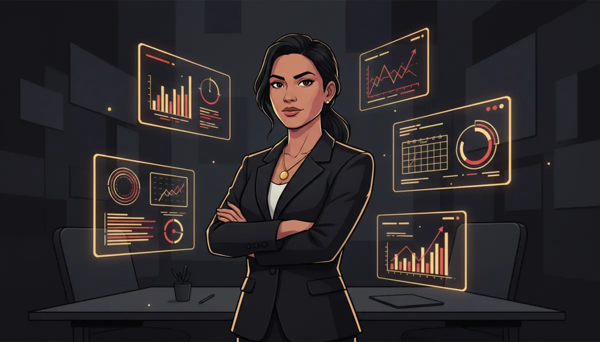 Animated Latina business owner reviewing bold dark editorial AI dashboards with marketing and revenue data