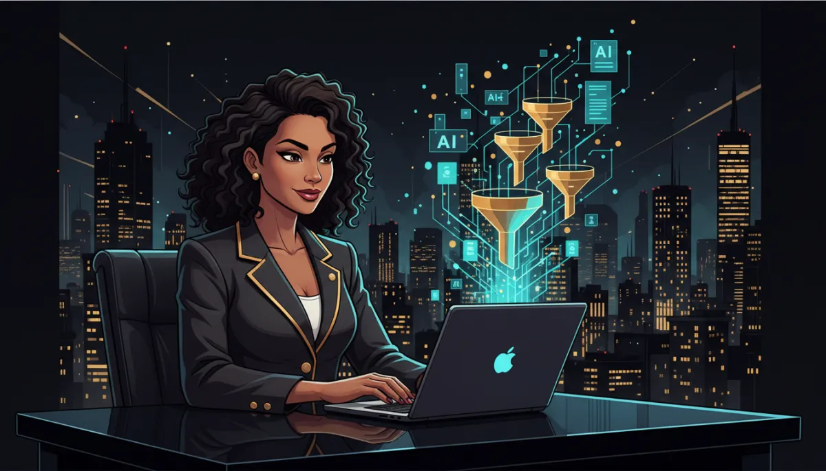 Animated Puerto Rican woman entrepreneur reviewing AI marketing funnel analytics on a dark editorial dashboard