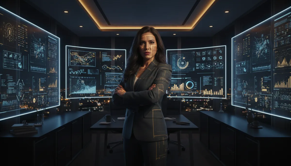 Latina entrepreneur in dark editorial Miami office using AI dashboards for marketing and automation