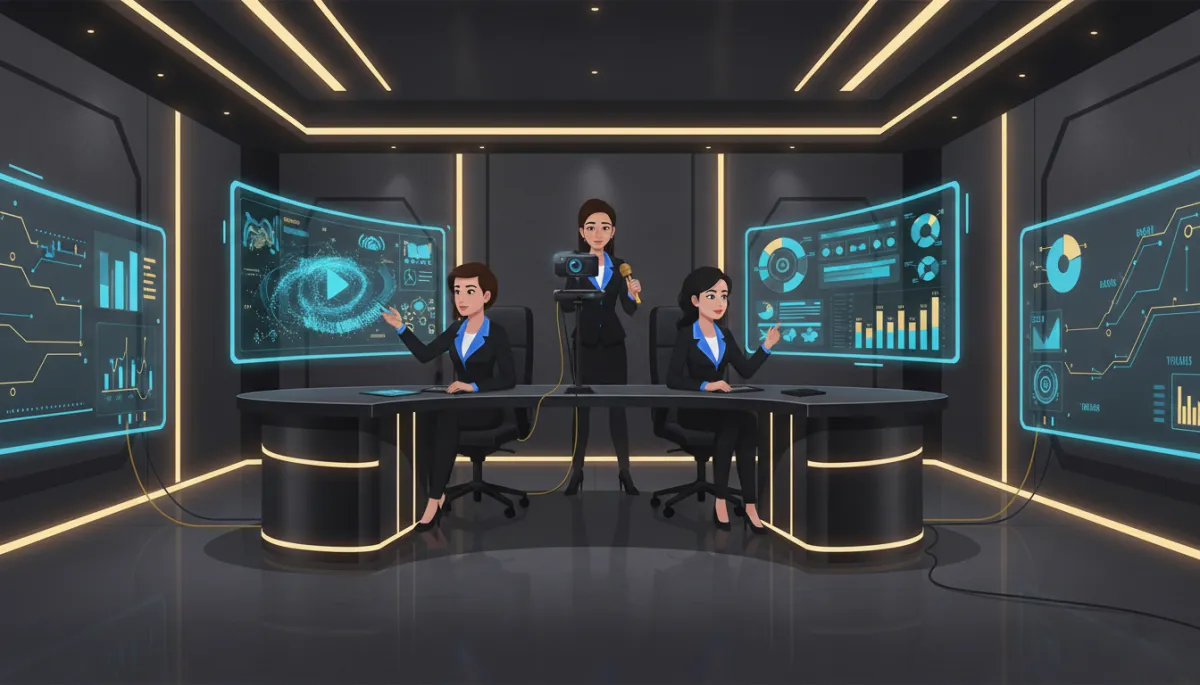 Animated woman entrepreneur using AI tools to create video content in a modern studio
