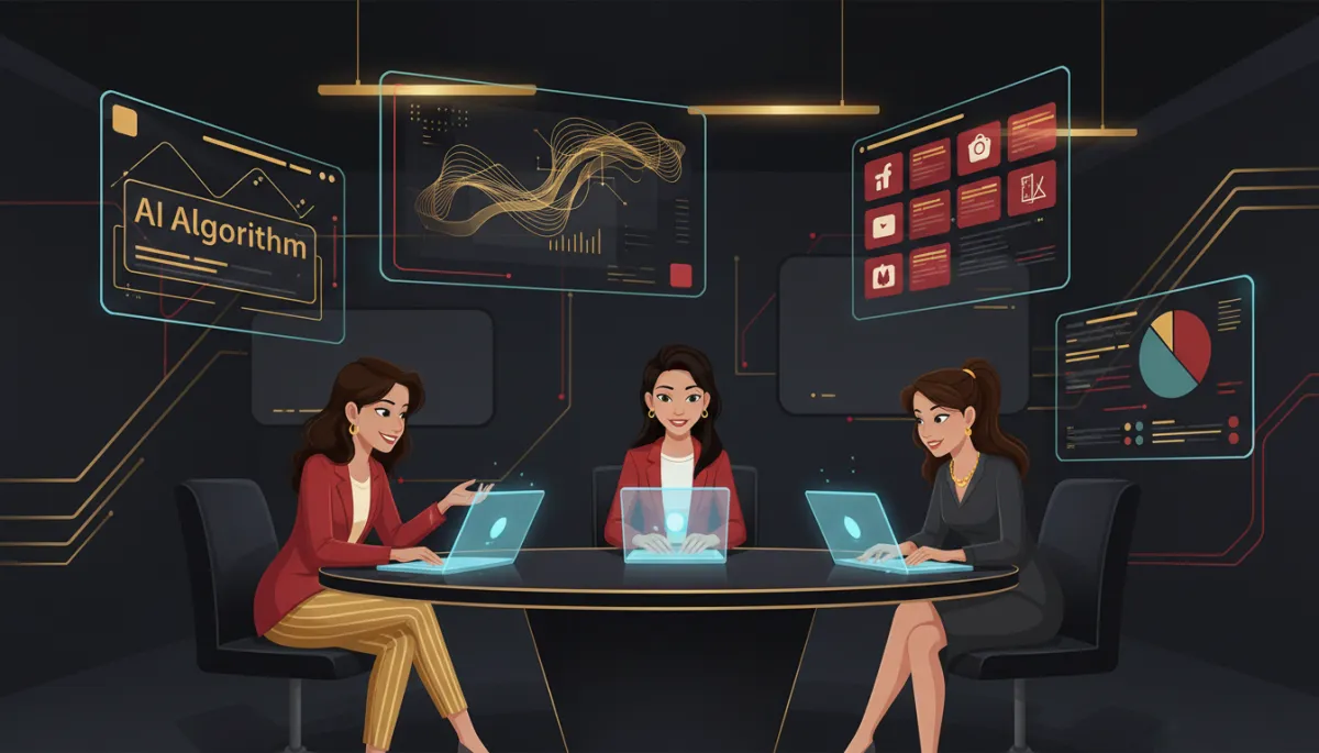 Animated women entrepreneurs collaborating with AI-generated marketing visuals on screens