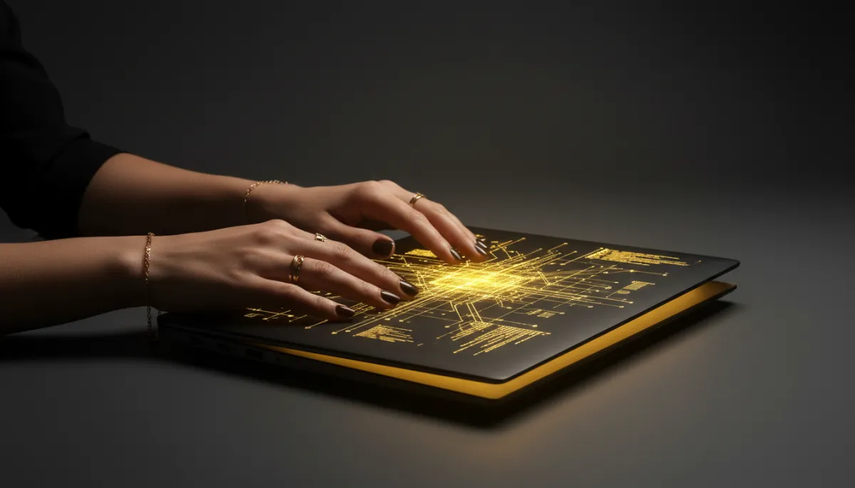 Woman working on a laptop with glowing gold AI dashboards