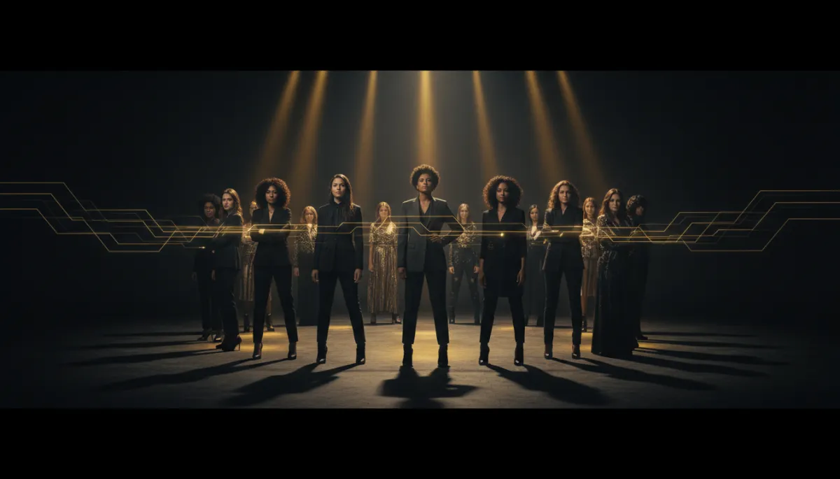Circle of diverse women connected by golden AI-inspired light patterns