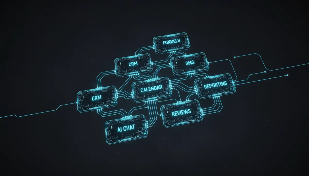 Blueprint-style diagram of an interconnected AI marketing automation system
