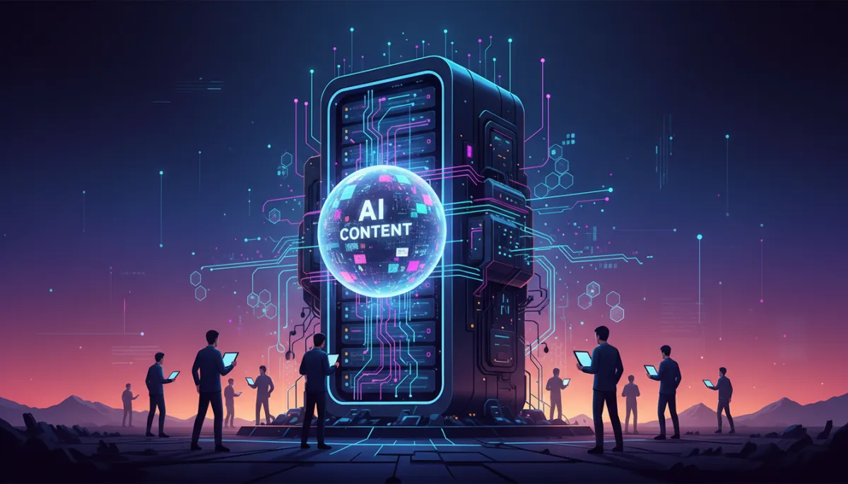 Abstract deep purple and electric violet AI workflow machine with glowing indigo data circuits — content creation engine visualization