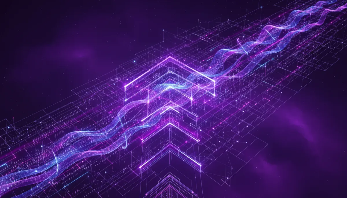 Abstract tech composition in deep purple and electric violet, layered geometric grids and flowing data streams forming a stylized upward arrow, neural network-inspired, cinematic lighting, ultra high-definition, consistent abstract tech style