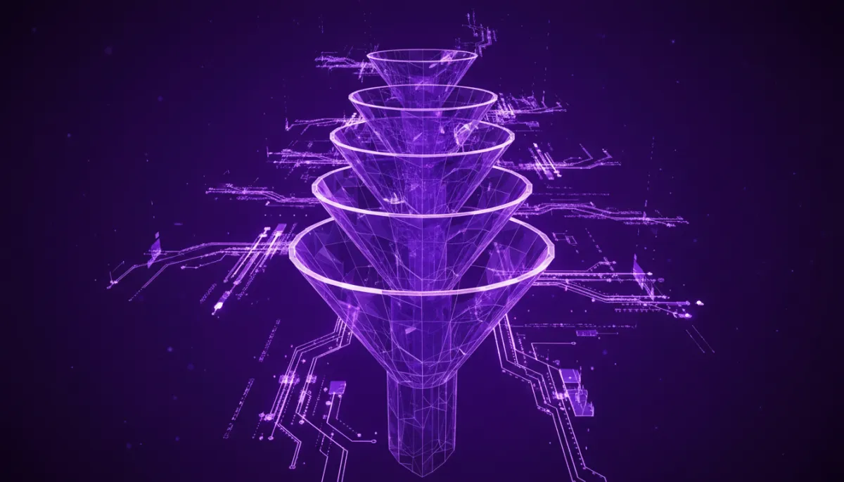 Abstract purple and indigo geometric funnel shapes symbolizing automated AI customer journeys