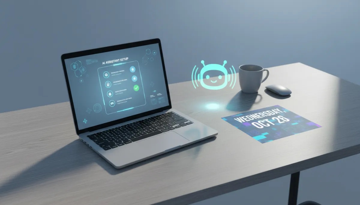 Photorealistic desk with laptop showing onboarding steps for an AI agent