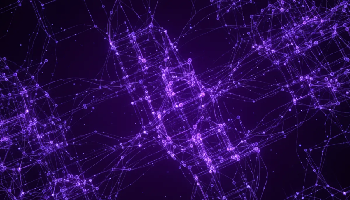 Abstract neural network in deep purple and violet symbolizing AI content automation