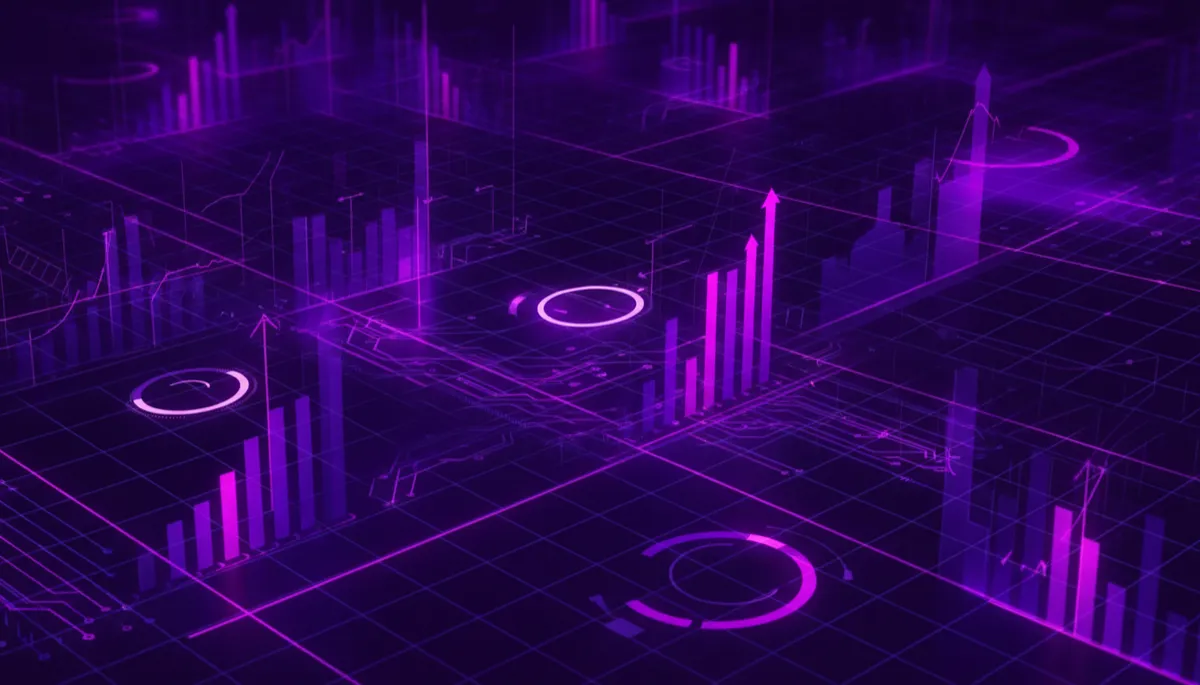 Abstract neon purple geometric visualization of AI-driven business metrics and KPIs