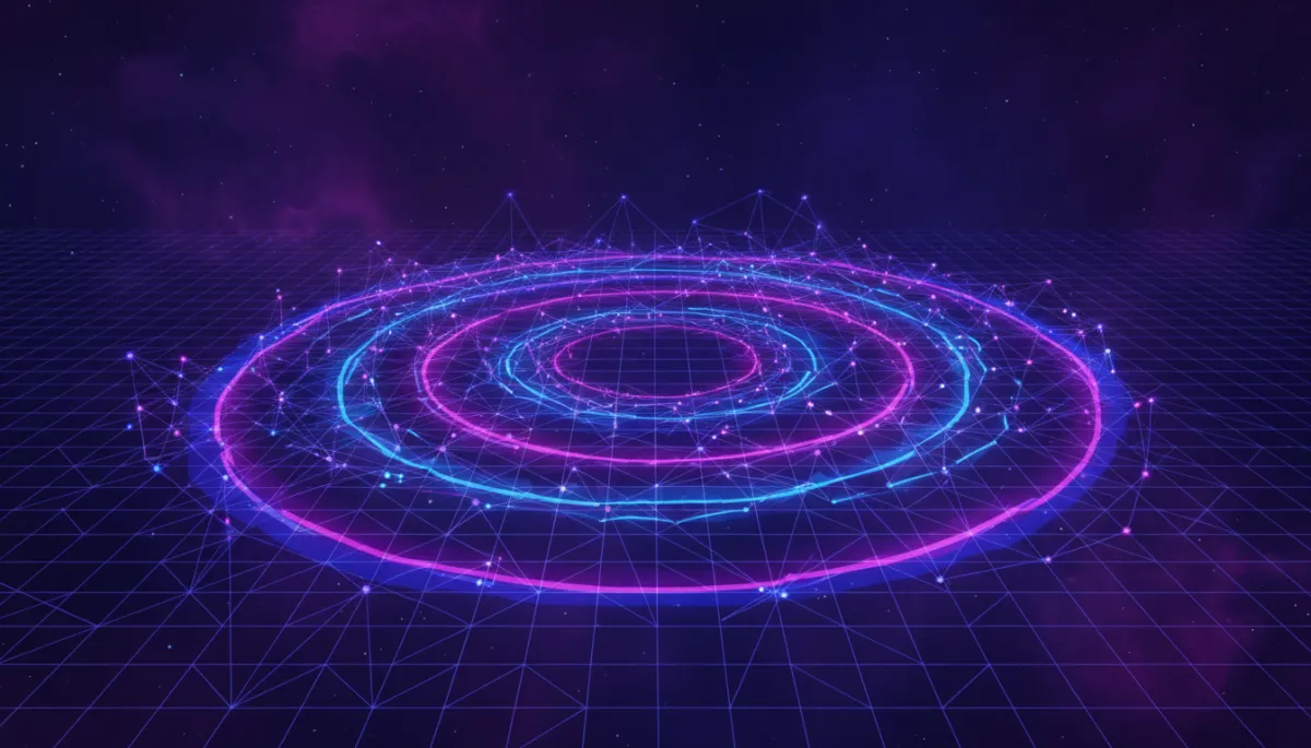 Indigo and violet glowing geometric grid with pulsing AI energy waves expanding outward, abstract AI connectivity visualization