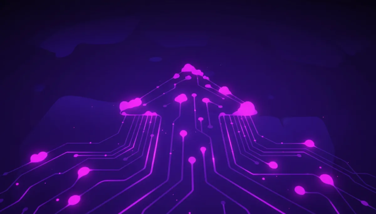 Abstract deep purple and electric violet neural patterns forming an upward arrow