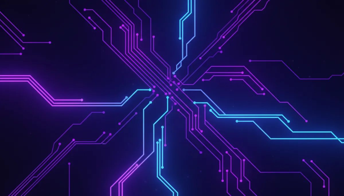 Electric violet abstract circuit flows symbolizing nonstop AI business automation