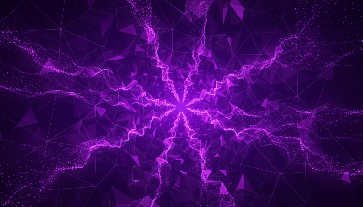 Deep purple and indigo geometric data tunnel with flowing digital streams — AI content automation visualization