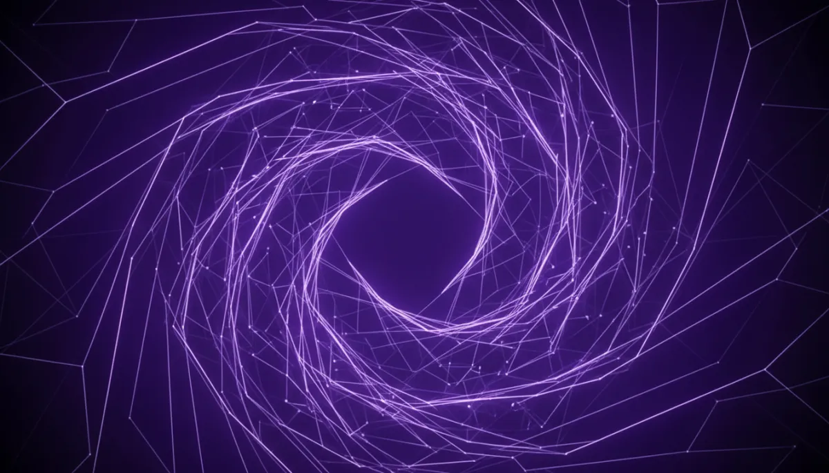 Abstract swirling violet and indigo data vortex on deep purple background