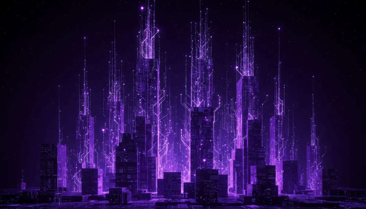 Abstract purple and indigo circuits symbolizing AI-powered content systems and digital data flows