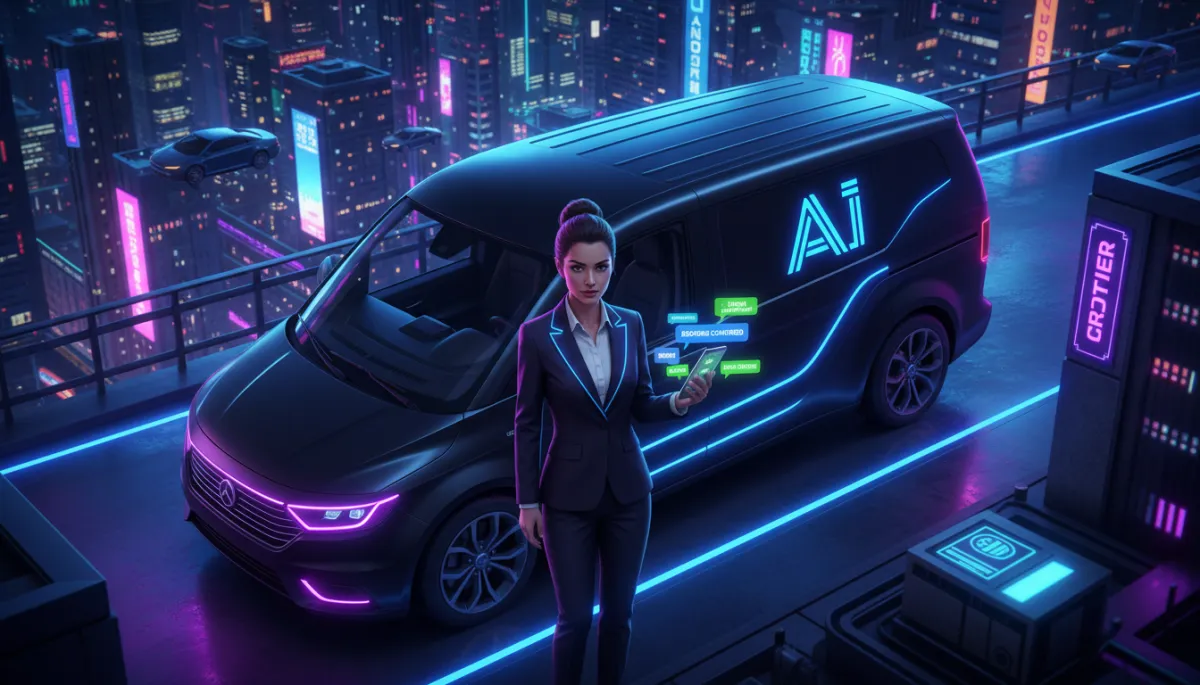 Business owner reviewing AI-handled DM bookings on a smartphone next to their service vehicle