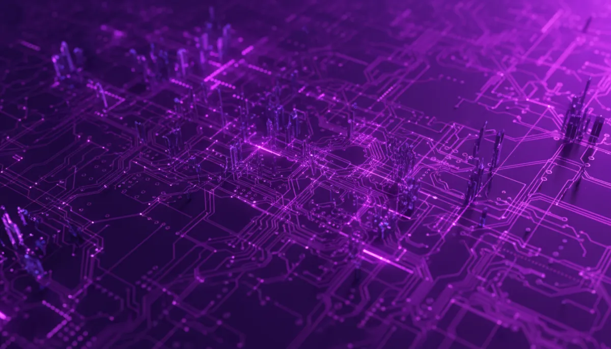 Abstract deep purple and electric violet neural network circuit pattern