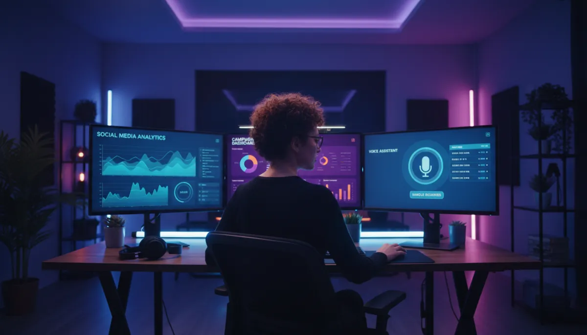 Content creator using AI tools to manage voice booking and social media analytics