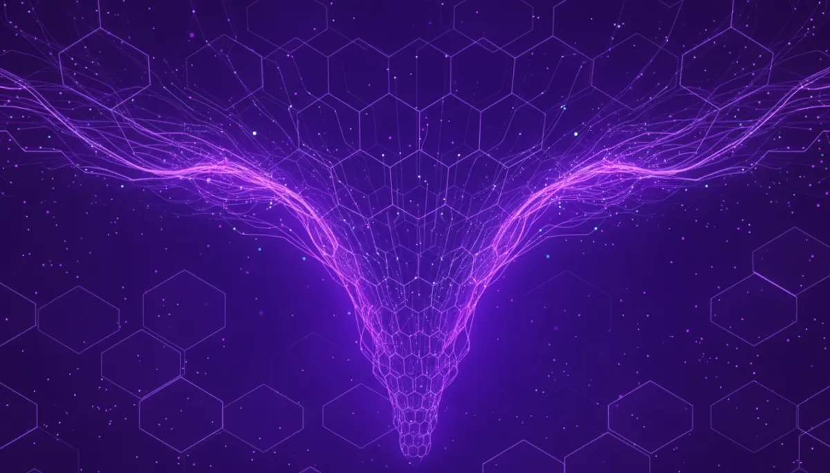 Abstract purple and violet geometric funnel representing AI-powered content workflow
