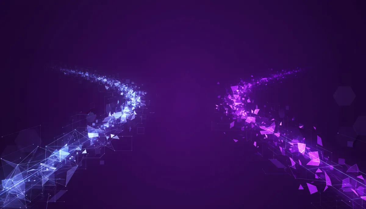 Abstract deep purple and violet geometric tech visual showing a digital fork in the road