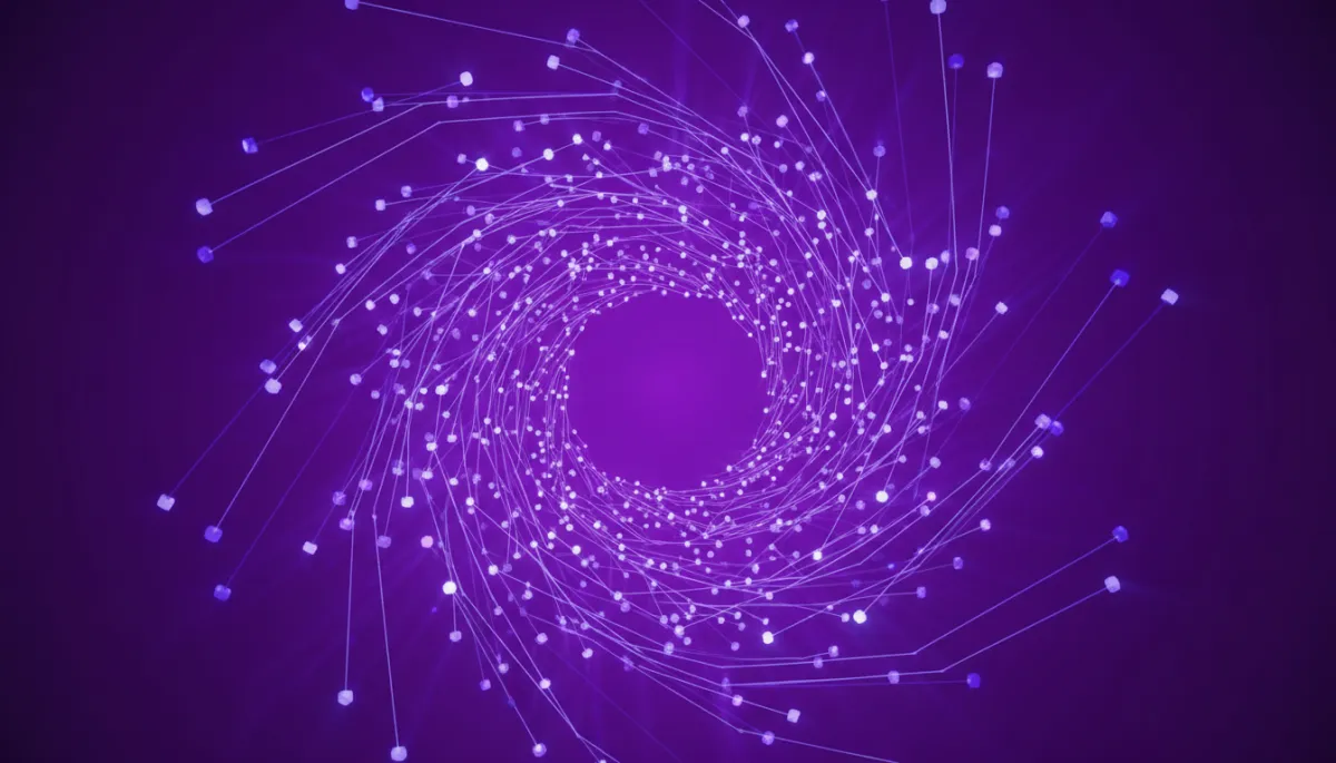 Abstract geometric AI circuit vortex in deep purple and electric violet