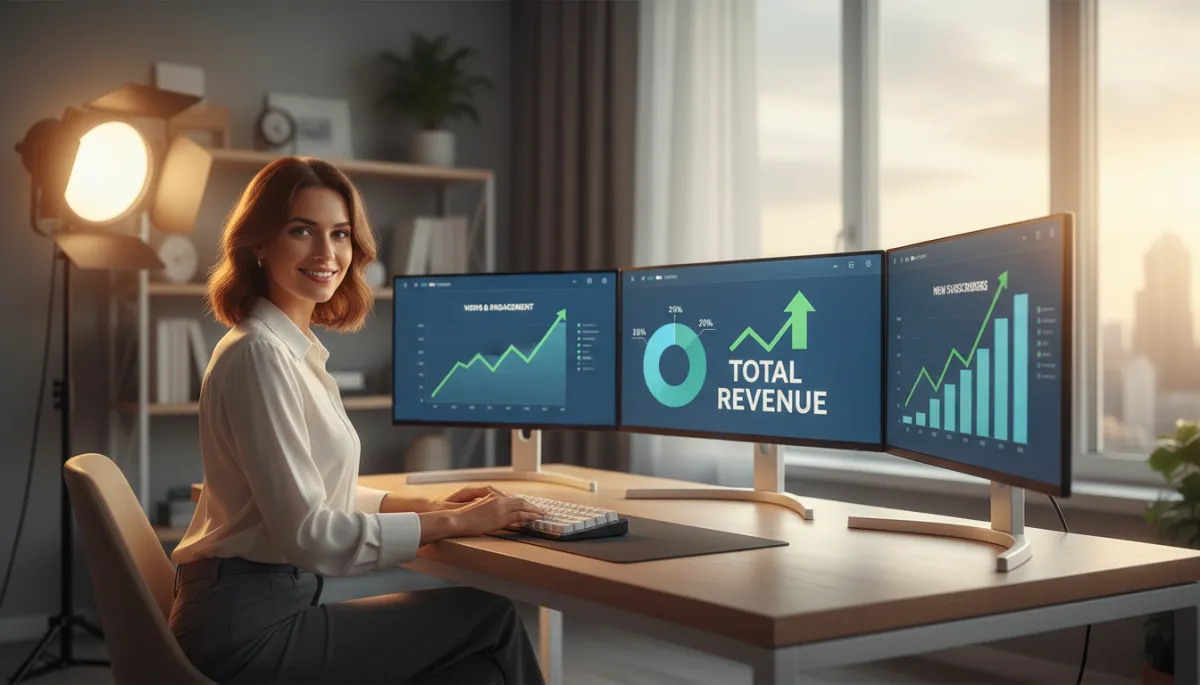 Content creator at desk reviewing growing analytics from AI-focused content
