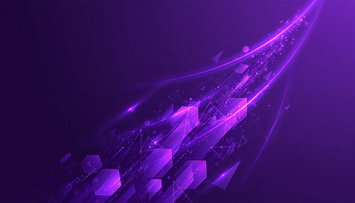 Abstract purple and violet data streams rising upward symbolizing AI-fueled growth