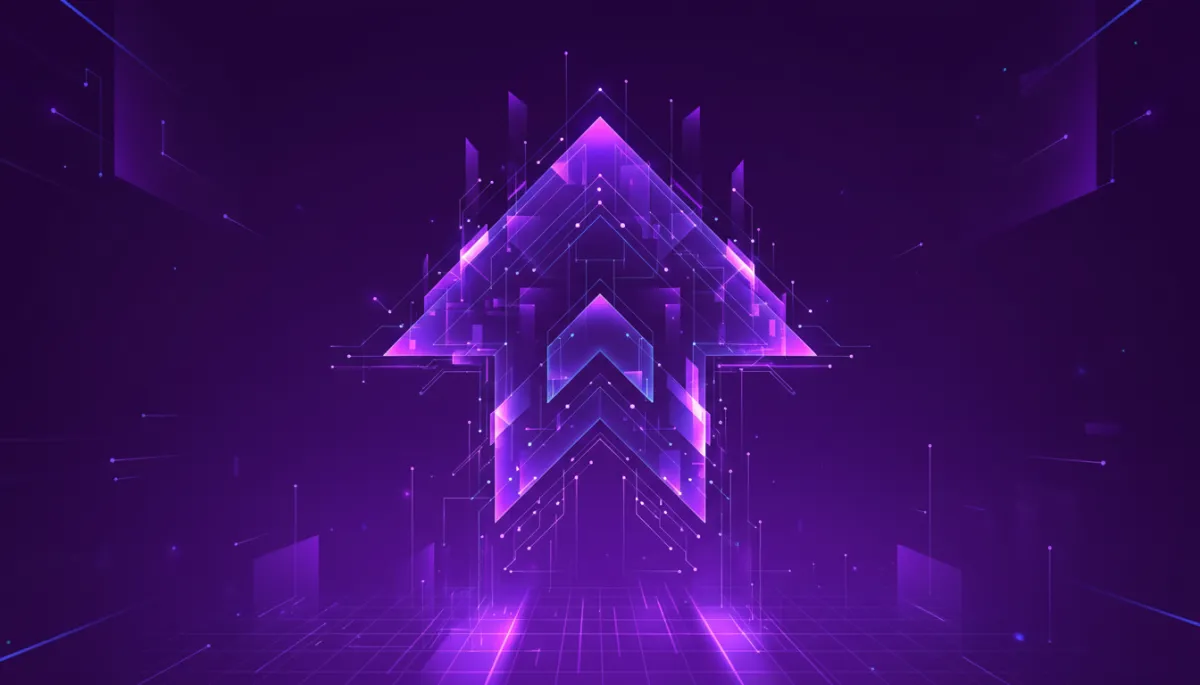Abstract purple and indigo geometric data flows forming an upward momentum arrow, futuristic AI visual